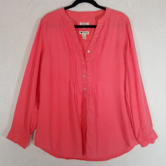 Malvin Tops - I ❤️ Linen Coral Pink Button-Up Blouse LG US 10, Long Sleeves